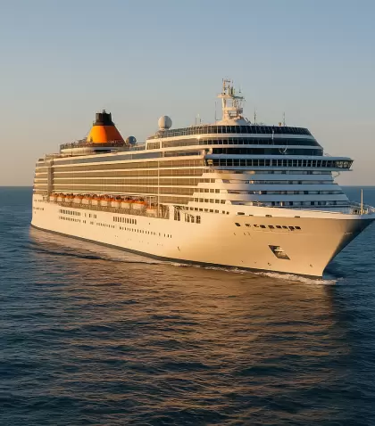 Un moderno crucero surcando el mar durante el atardecer, ideal para quienes viajan por primera vez.