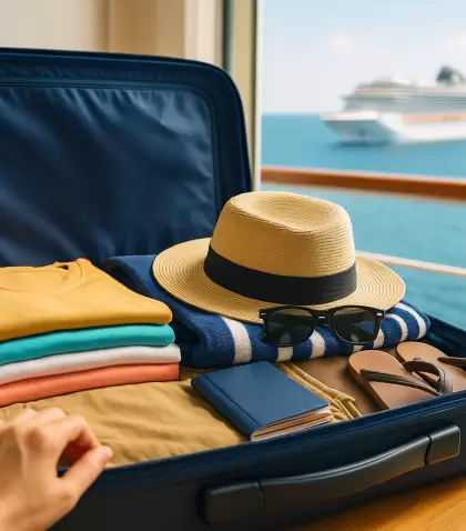 Valija lista con ropa, sombrero y pasaporte, con vista al mar y un crucero en el horizonte.