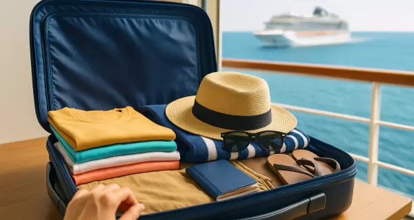 Valija lista con ropa, sombrero y pasaporte, con vista al mar y un crucero en el horizonte.
