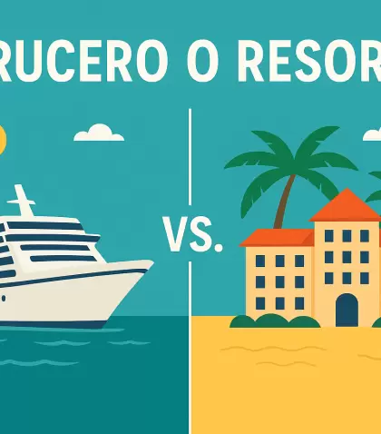 Comparativa visual entre un crucero y un resort: dos formas distintas de viajar, cada una con su encanto.