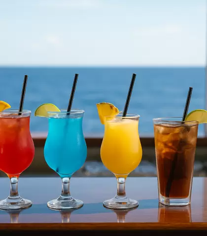 C�cteles listos para servir en la barra de un crucero: los paquetes de bebidas pueden sumar comodidad, pero no siempre son necesarios.