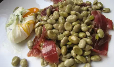 Plato de Habas con jam�n y huevo, una preparaci�n tradicional de la gastronom�a catalana.