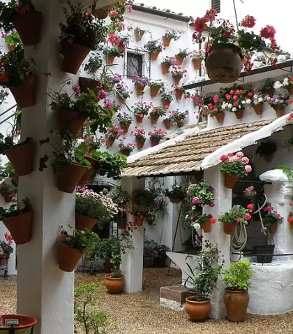 Patio cordob�s con macetas llenas de flores de colores durante primavera.