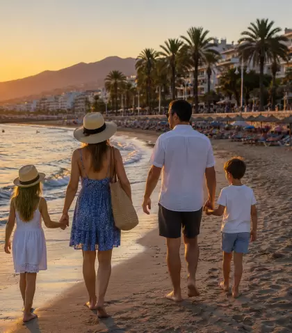 Familia paseando por una playa andaluza al atardecer.