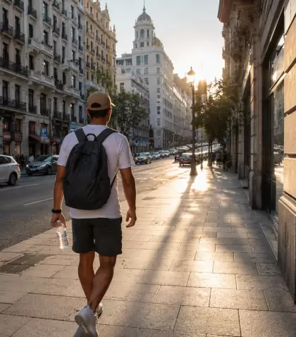 Turista caminando por Madrid en verano.