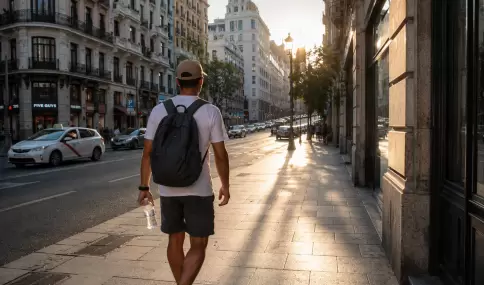 Turista caminando por Madrid en verano.