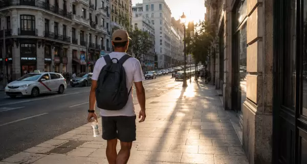 Turista caminando por Madrid en verano.